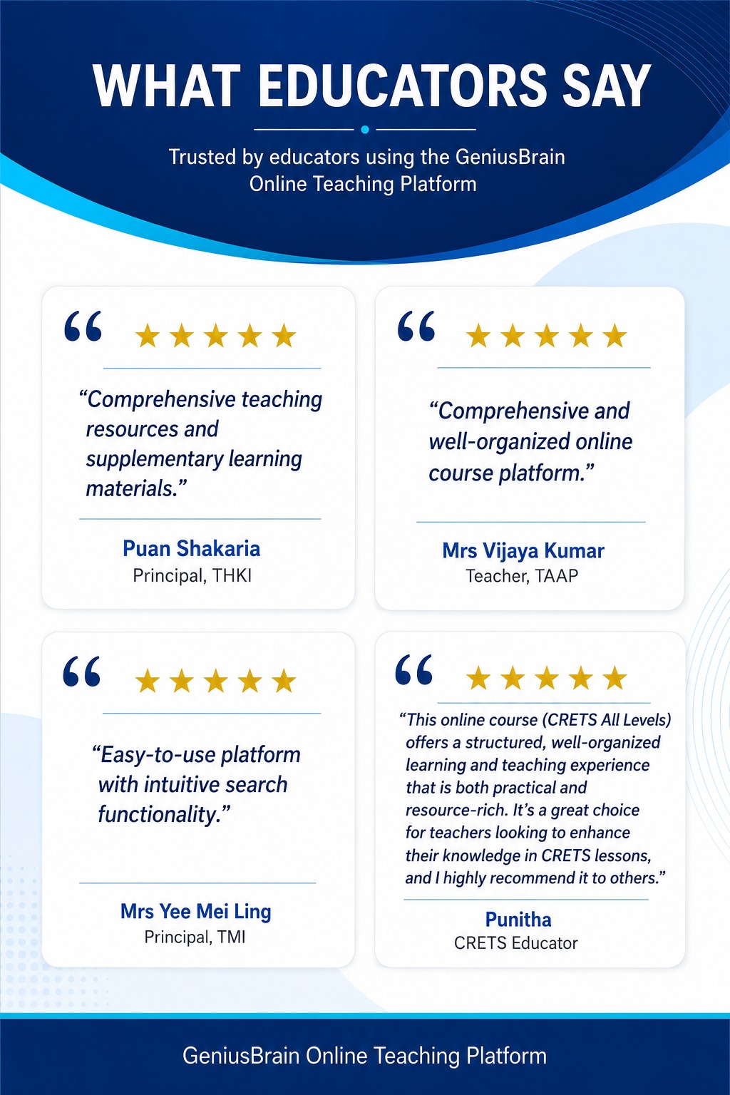 Educator testimonials about the GeniusBrain Online Teaching Platform from Puan Shakaria, Mrs Vijaya Kumar, Mrs Yee Mei Ling and Punitha
